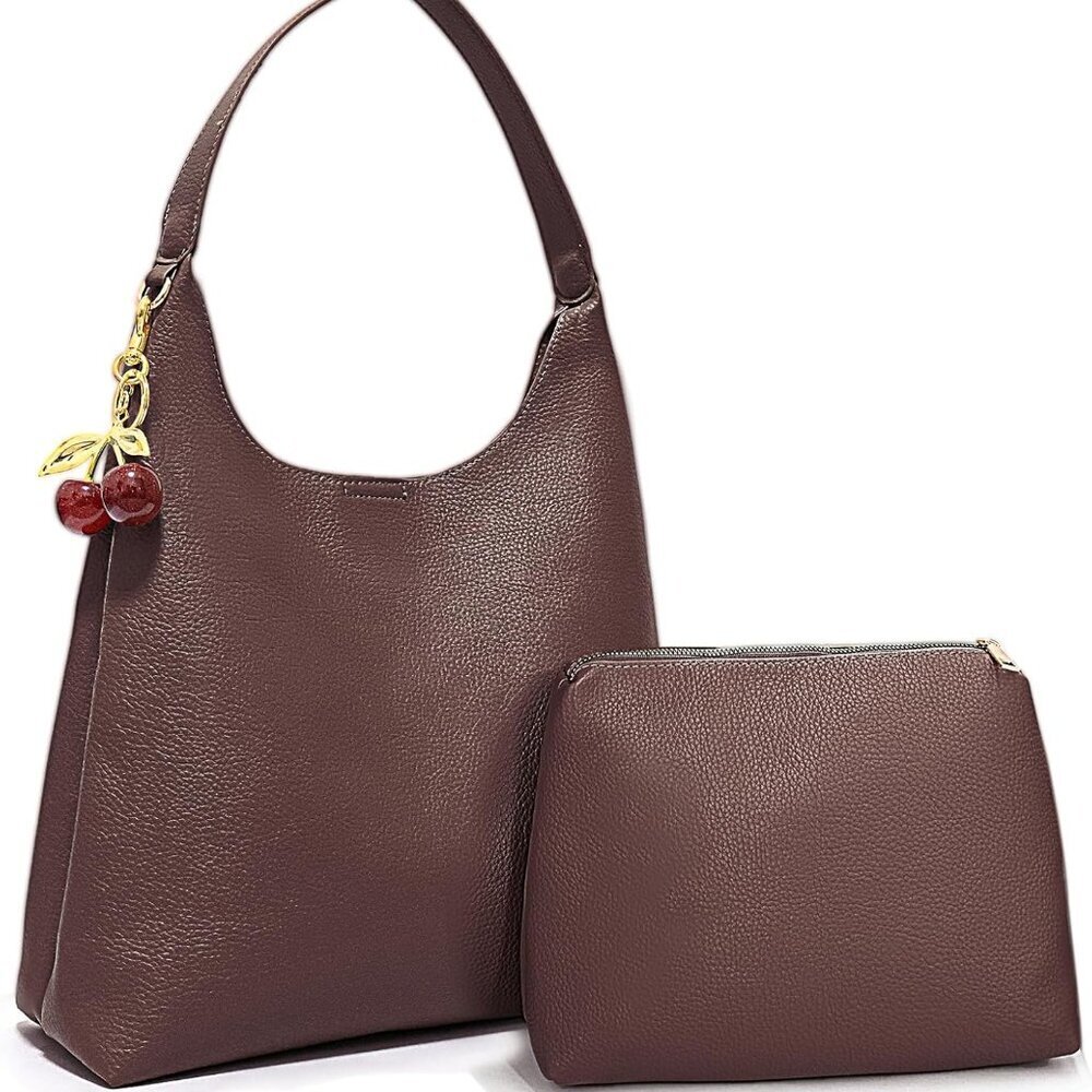 Large Dark Brown Vegan Leather Hobo Tote with Cherry Charm for Travel & Work